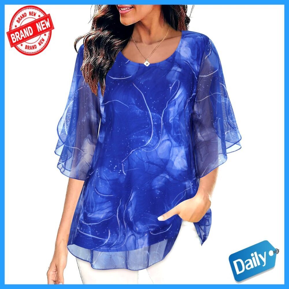 Mesh Ruffle Sleeve Blouse Loose Flowy Tunic Top Stretchy Material